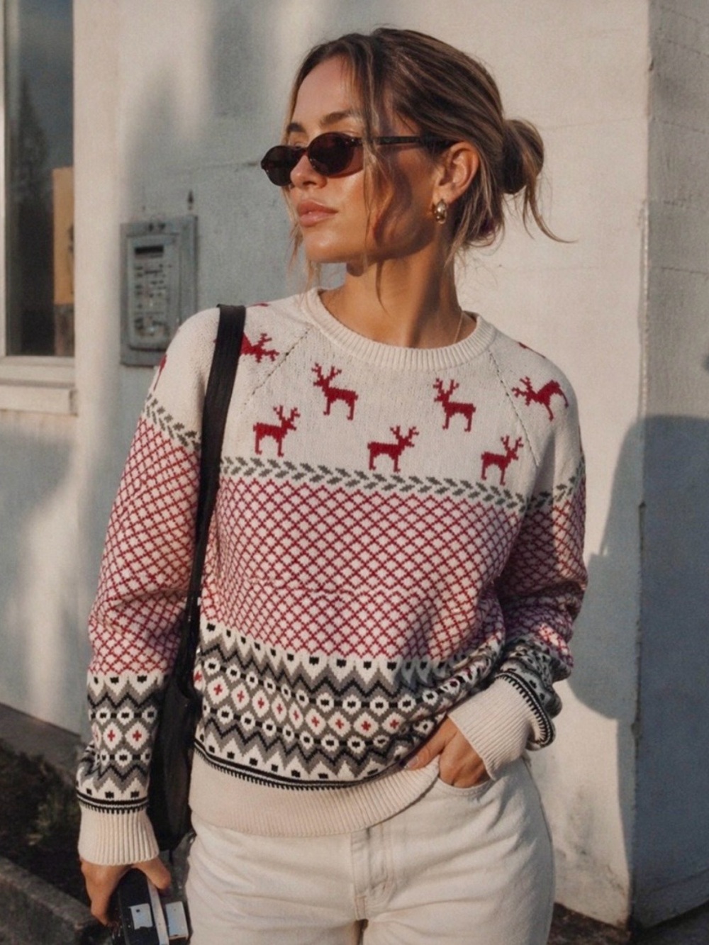 Bass Vintage Fair Isle Scandinavian Reindeer Christmas Sweater Cotton Blend S